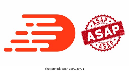 Vector rush effect icon and rubber round stamp seal with Asap caption. Flat rush effect icon is isolated on a white background. Asap stamp seal uses red color and grunge surface.