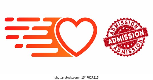 Vector rush love heart icon and rubber round stamp seal with Admission text. Flat rush love heart icon is isolated on a white background. Admission stamp seal uses red color and distress texture.
