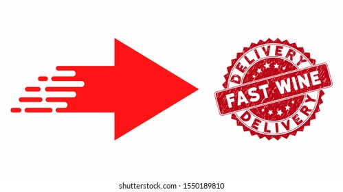 Vector rush move right icon and rubber round stamp seal with Delivery Fast Wine phrase. Flat rush move right icon is isolated on a white background.