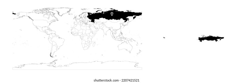 Vector Russia map showing country location on world map and solid map for Russia on white background. File is suitable for digital editing and prints of all sizes.