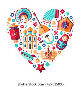 Vector Russia travel background with heart shaped illustration with traditional national symbols 