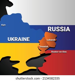 Vector of Russia and Ukraine Map with Donetsk and Luhansk. National flag.