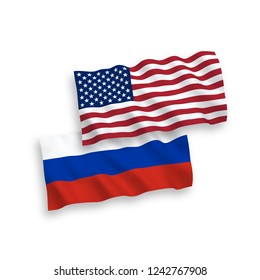 Vector Russian and American waving flags isolated on white background.