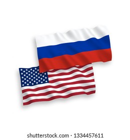 Vector Russian and American waving flags isolated on white background. 1 to 2 proportion.