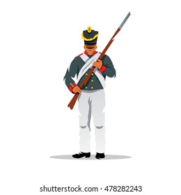 Vector Russian ancient soldier at Borodino Cartoon illustration. Infantryman with a rifle. Unusual Logo template isolated on a white background