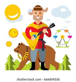 Vector Russian balalaika player. Flat style colorful Cartoon illustration.