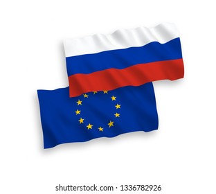Vector Russian and European Union flags isolated on white background. 1 to 2 proportion.