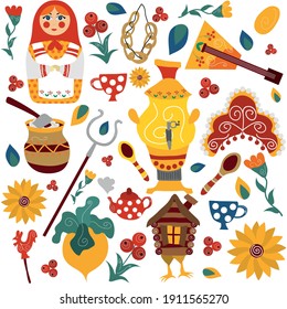 Vektorrussisches Volksset. Balalaika, Kokoshnik, Samovar, Nistdoll, Hütte auf Hühnerbeinen. Vektorgrafik, dekorative Illustration. Folklore. Druck auf T-Shirt, Textilien, Tapeten und anderen Oberflächen.