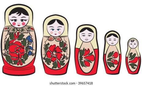 VECTOR Russian Matreshka, traditional wooden nesting dolls.