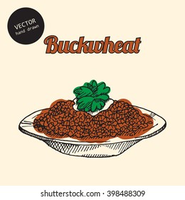 Vector russian national food. Background consist of colored buckwheat. Sketch art style. Can use in cover, poster, label, banner, menu in restaurant or cafe.
