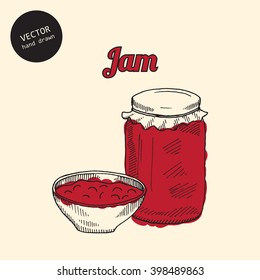Vector russian national food. Background consist of colored jam. Sketch art style. Can use in cover, poster, label, banner, menu in restaurant or cafe.