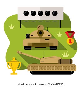 Vector Russian tank biathlon Concept. Military Sport. Flat style colorful Cartoon illustration.