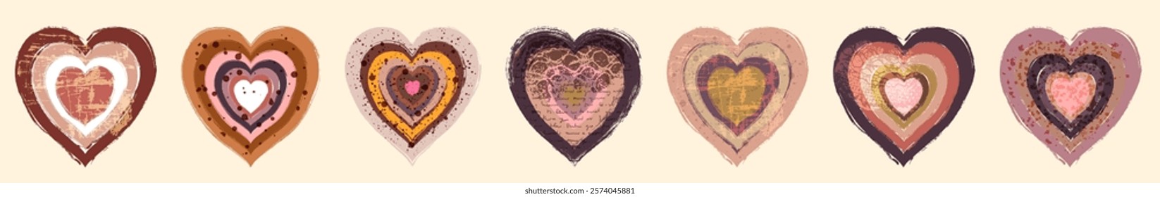 Vector Rustic Boho Heart Collection, Hand-Drawn Textured Designs in Earthy Tones