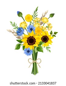 Vector rustic bouquet of blue and yellow sunflowers, cornflowers, dandelions, ears of wheat, and green leaves isolated on a white background