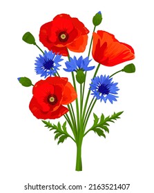 Vector rustic bouquet of wildflowers. Red poppy flowers, blue cornflowers and green leaves isolated on a white background.