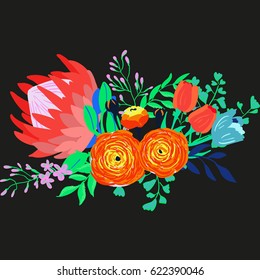 Vector rustic flowers composition. Bright spring flowers bouquet. Hand drawn vibrant flowers for wedding invtations and greeting cards.