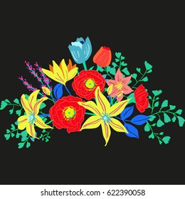 Vector rustic flowers composition. Bright spring flowers bouquet. Hand drawn vibrant flowers for wedding invtations and greeting cards.