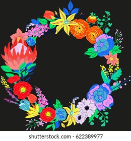 Vector rustic hand drawn floral composition. Bright spring flowers wreath. Hand drawn vibrant flowers for wedding invitations and greeting cards in a simple cartoon style .Floral wreath. Round frame.