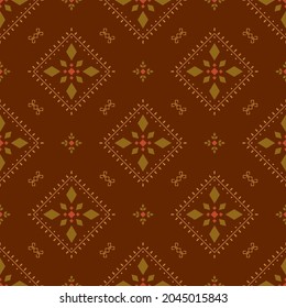 Vector rustic seamless pattern with rhombuses, stylized foliage. Brown and green ornate geometric background in ethnic style for fabric, wrapping paper, packaging and wallpaper