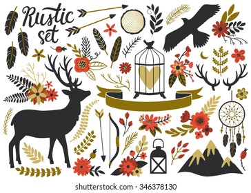 Vector rustic set with deer, eagle, mountains, dream catcher, lantern, ribbon, arrows, bow, bird cage, feathers, horns, flowers, branches, leaves, berries and wood slice. Stylish trendy collection.