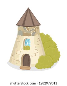 Vector rustic stone house. Fairy house. Tower in cartoon style. 