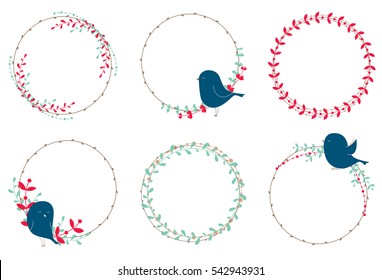 Vector rustic wreathes with birds, branches, leaves and berries.