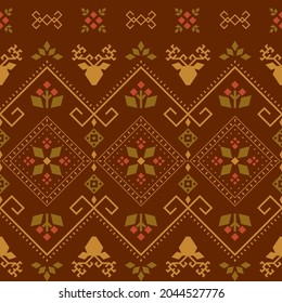 Vector rustical seamless pattern with rhombuses, stylized deers and berries. Brown and green ornate geometric background in ethnic style for fabric, wrapping paper, packaging and wallpaper