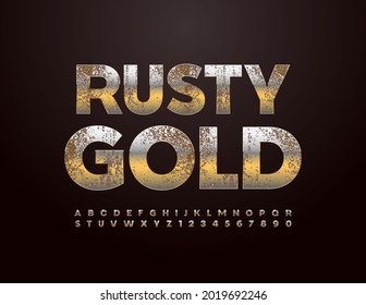 Vector Rusty Gold Alphabet Set. Aged Metallic Font. Old Style Letters And Numbers