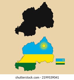 Vector of Rwanda country outline map with flag set isolated on plain background. Silhouette of country map can be used for template, report, and infographic.