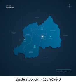 Vector Rwanda Map Illustration With Blue Neon Lightpoints - Triangle On Dark Blue Gradient Background. Administrative Divisions, Cities, Borders, Capital. Neon Tech Background With Glow. 