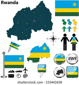 Vector of Rwanda set with detailed country shape with region borders, flags and icons