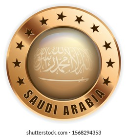 Vector - SA Gold badge and icon with central glossy Saudi Arabia flag symbol and stars