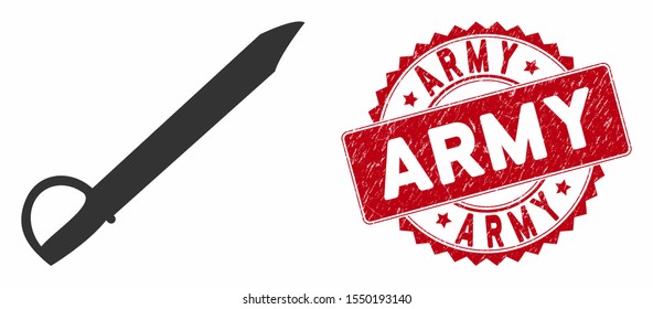 Vector saber icon and rubber round stamp seal with Army caption. Flat saber icon is isolated on a white background. Army stamp seal uses red color and dirty texture.