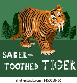 Vector Saber-toothed tiger on green backgtound poster, vector card, cute hand drawn poster with Saber-toothed tiger, vector illustration Saber-toothed tiger for kids, print 