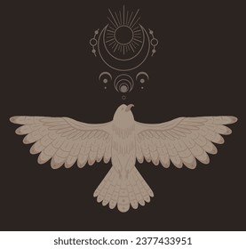 Vector sacral card of an eagle with spread wings on dark background. Hand drawn decorative illustration of a flying bird and boho symbol. Mystic drawing for postcard, banner and your creativity