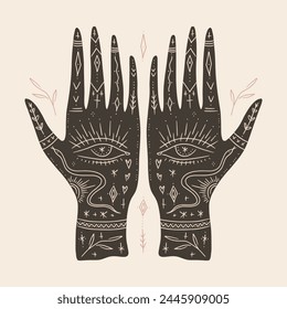 Vektorgrafik heilige esoterische Reiki magische verzierte Hexenzauber Hände Set Vorlage. Lineare Färbung Astrologie mystischer Tattoo-Stil, Boho-Design. Celestial tätowierte ornamentale Schlangen Set Illustration mehndi