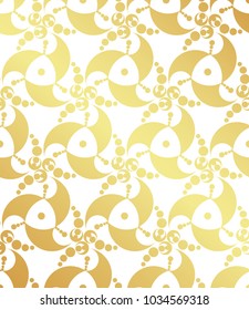 Vector sacred geometric seamless pattern with motif alien crop circle, golden on white background.