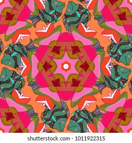 Vector sacred geometry round colored symbol with glowing stars on a orange, green and magenta colors. Design for logo, game, cover, card.