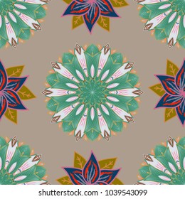  Vector sacred geometry round colored symbol with glowing stars on a beige, green and gray colors.