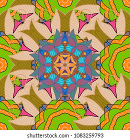 Vector sacred geometry round colored symbol with glowing stars on a beige, green, brown, orange and blue colors. Design for logo, game, cover, card.