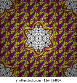 Vector sacred geometry round colored symbol with glowing stars on a yellow, black and purple colors. Design for logo, game, cover, card.