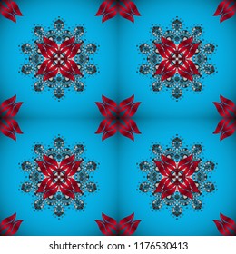 Vector sacred geometry round colored symbol with glowing stars on a blue, red and gray colors. Design for logo, game, cover, card.