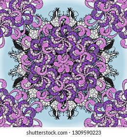 Vector sacred geometry round colored symbol with glowing stars on a violet, black and neutral colors. Design for logo, game, cover, card.