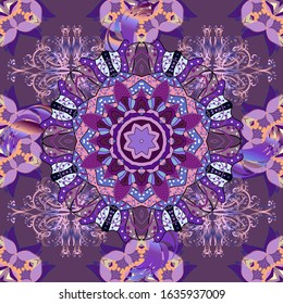 Vector sacred geometry round colored symbol with glowing stars on a violet, purple and neutral colors. Design for logo, game, cover, card.