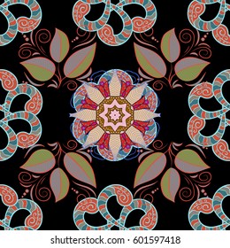 Vector sacred geometry round colored symbol with glowing stars on a black background. Design for logo, game, cover, card.
