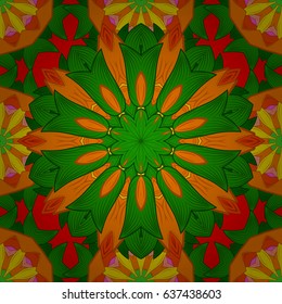 Vector sacred geometry round colored symbol with glowing stars on a red background. Design for logo, game, cover, card.