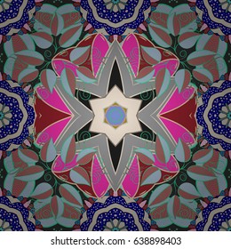 Vector sacred geometry round colored symbol with glowing stars on a magenta background. Design for logo, game, cover, card.