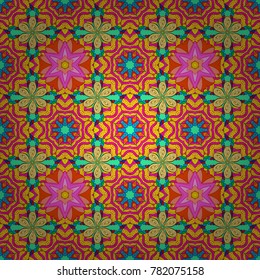 Vector sacred geometry round colored symbol with glowing stars on a yellow, magenta and green colors. Design for logo, game, cover, card.