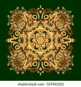 Vector sacred geometry round golden symbol with glowing stars on a green background. Design for logo, game, cover, card.