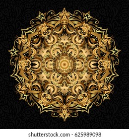Vector sacred geometry round golden symbol with glowing stars on a black background. Design for logo, game, cover, card.